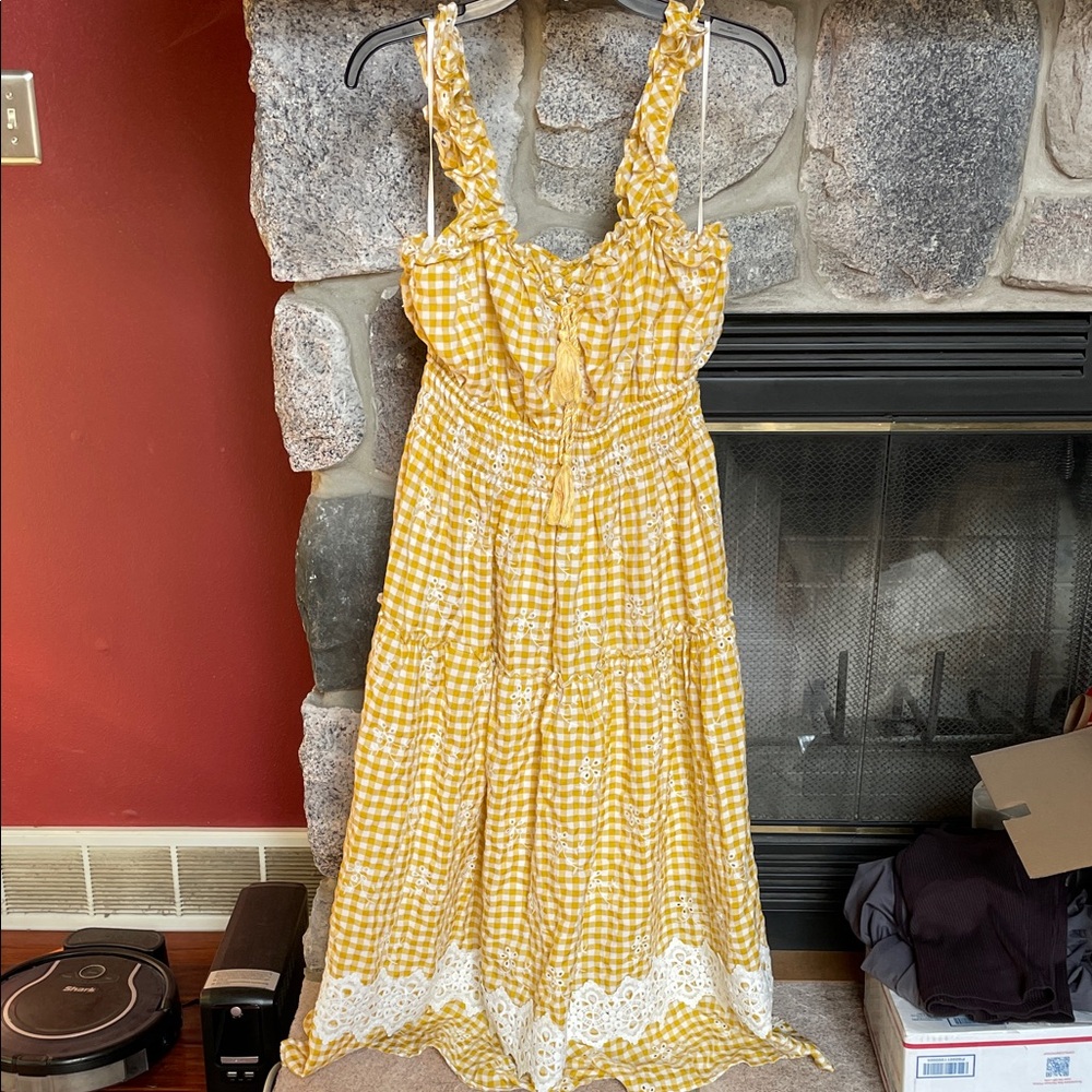 Just Me Yellow Gingham Dress with Lace Trim